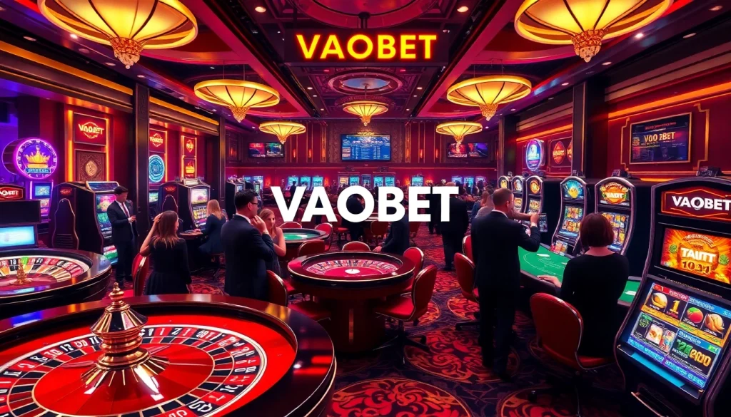 Experience VAOBET excitement with players at a luxurious casino, celebrating wins at tables and slots.