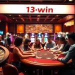 Experience the thrill of 13win at a bustling casino poker table with engaged players and vibrant slot machines.