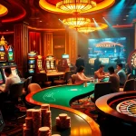 Experience the thrill of VAOBET in a vibrant casino scene featuring poker tables and colorful slot machines.