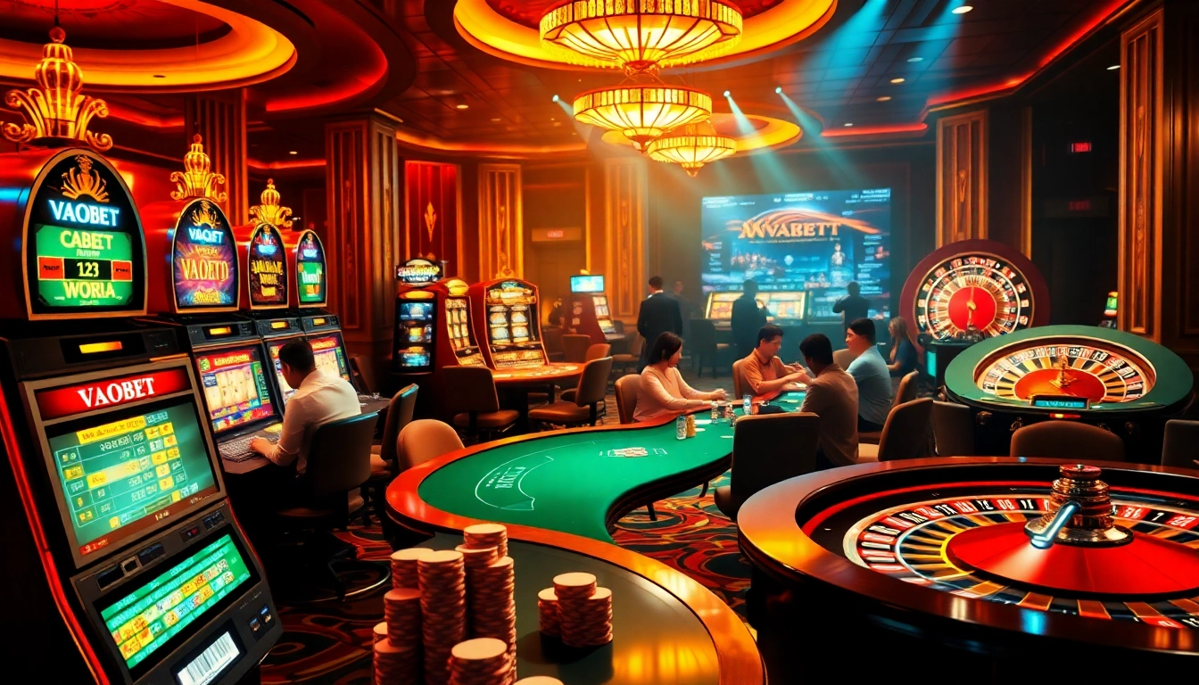 Experience the thrill of VAOBET in a vibrant casino scene featuring poker tables and colorful slot machines.