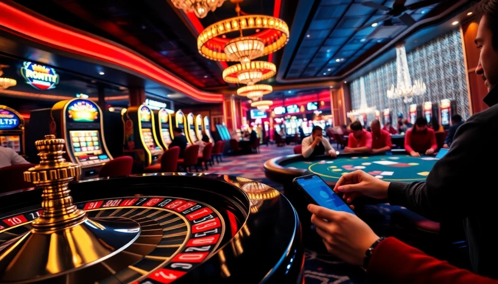 Engage in the excitement of casino gaming at https://f8beta2.me/ showcasing roulette, poker, and slot machines amidst vibrant lights.