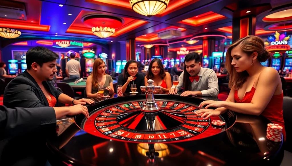 Players wagering thrilling bets at mm88 roulette table in a luxurious casino, capturing the excitement of high-stakes gambling.