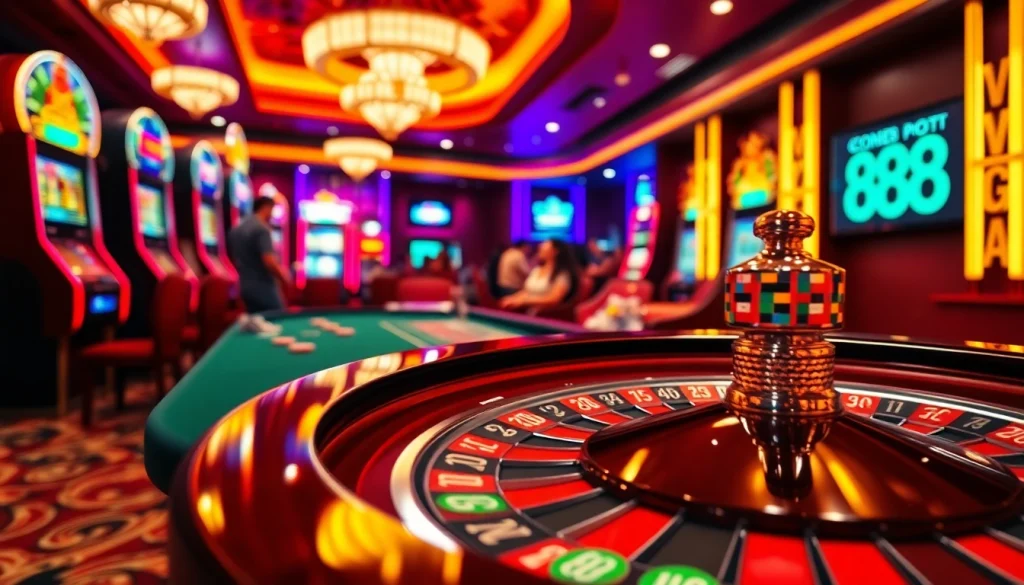 Exciting gambling scene featuring cm88 with players at a poker table and vibrant slot machines.