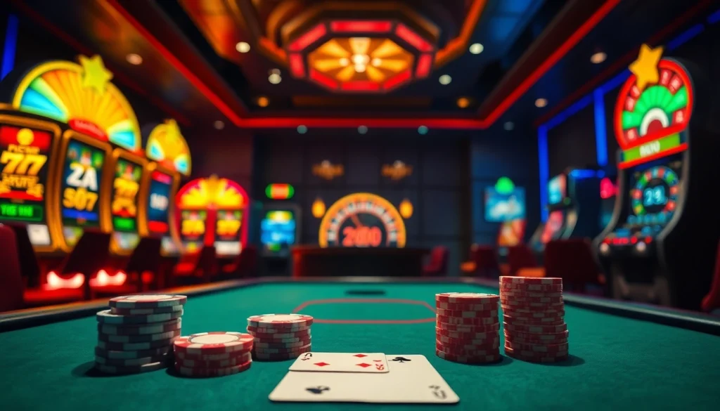 Experience the thrill of p3bet.digital with a lively casino scene showcasing poker, chips, and slot machines.