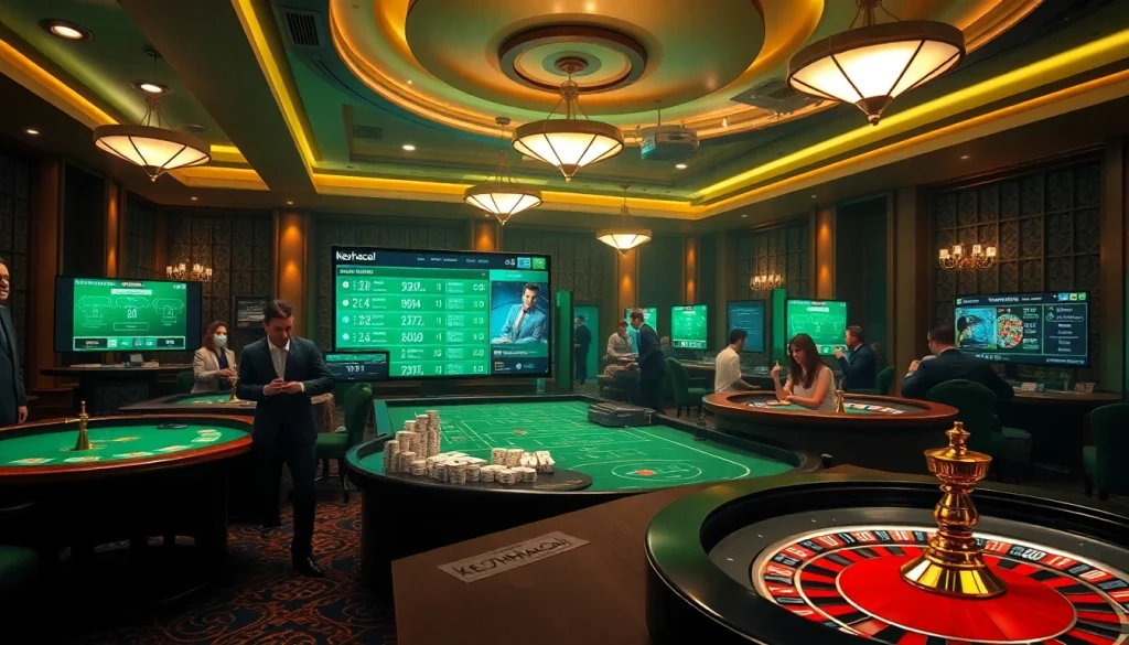 Experience keonhacai in an engaging casino scene bustling with players at poker tables and roulette wheels.