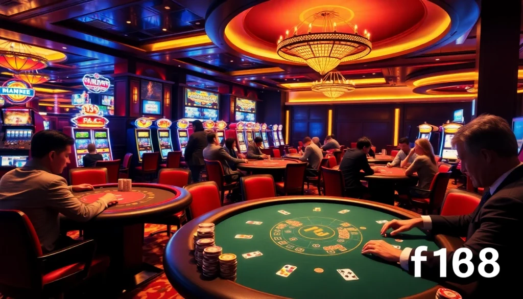 Exciting view of f168 poker tables bustling with players in a luxurious casino setting.