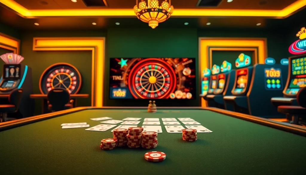 Discover the thrilling casino experience at mm88.com, featuring dynamic tables, poker chips, and spinning roulette wheels.