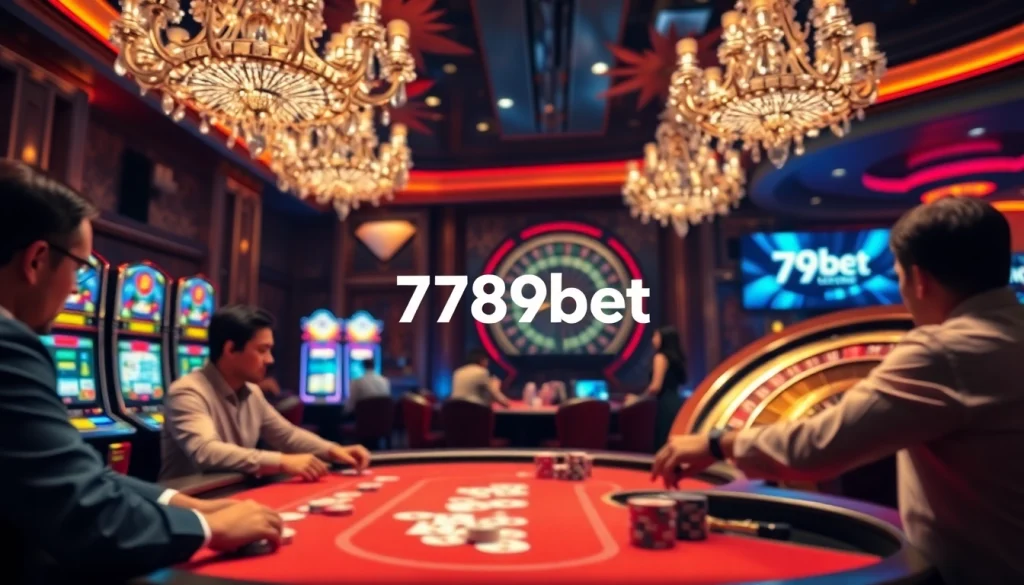 Capture the excitement of a casino scene featuring players at a poker table while incorporating 789bet login.