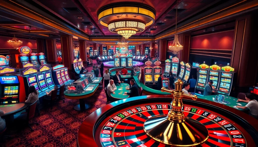 Players at tk88 casino enjoy thrilling games of poker and blackjack with vibrant slot machines around.