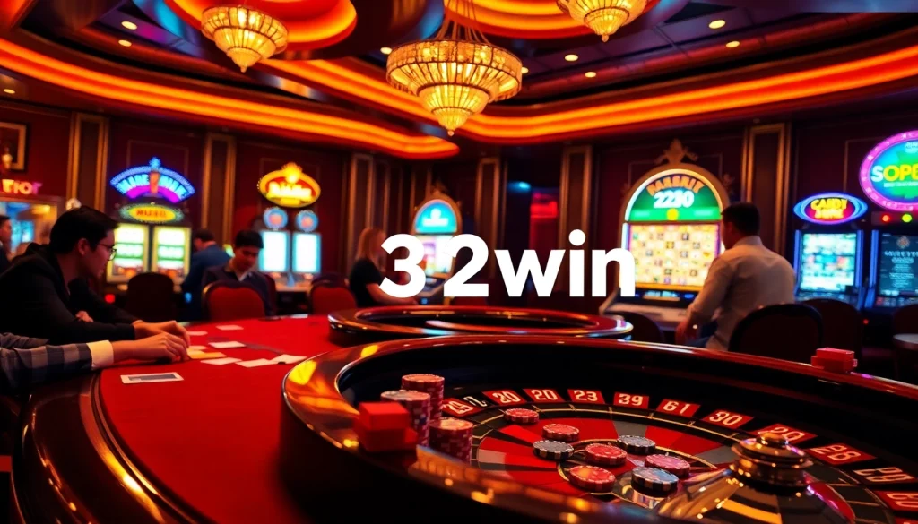 32win poker table filled with excited players in a lavish casino setting, showcasing high-stakes action and luxury.