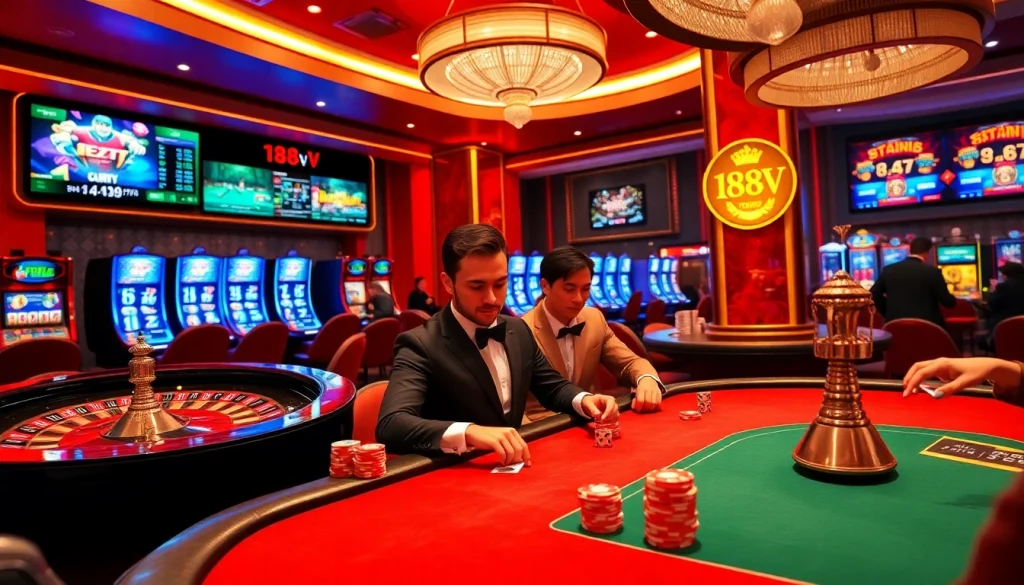 Experience the excitement of the 188V casino, featuring a lively poker game with colorful chips and intense player focus.