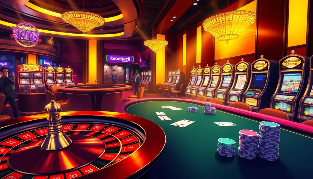 Exciting scene of gamblers at a poker table, featuring keonhacai elements and vibrant casino atmosphere.