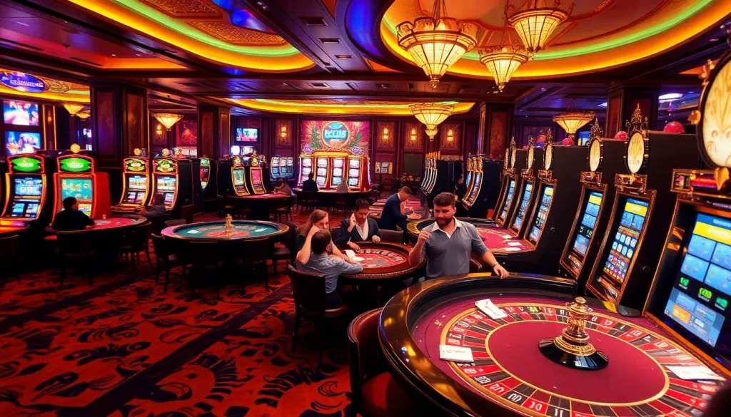 LC88 casinos feature lively gaming experiences with vibrant tables, enticing slot machines, and engaged players.