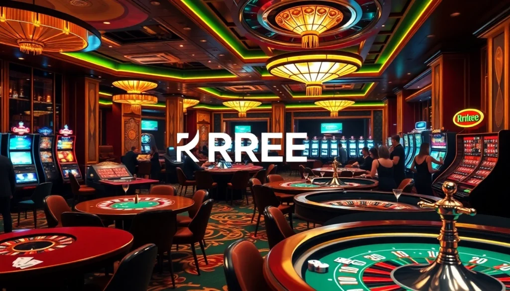 The RREE App enhances your gaming experience at this vibrant casino, showcasing players at poker tables.
