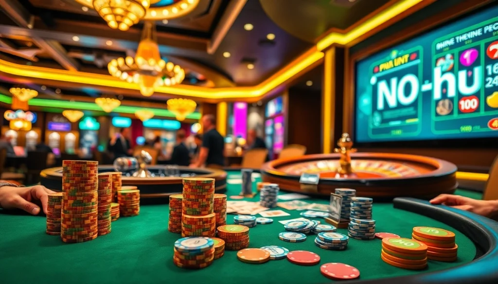 No hu poker table scene showcasing vibrant chips and cards while players engage in thrilling bets