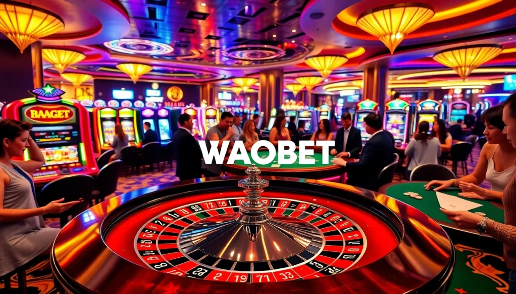 VAOBET showcasing the thrill of a casino with players at roulette and vibrant slots.