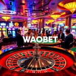 VAOBET showcasing the thrill of a casino with players at roulette and vibrant slots.