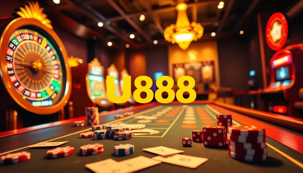 U888 online casino interface featuring vibrant roulette wheel and slot machines, evoking excitement.