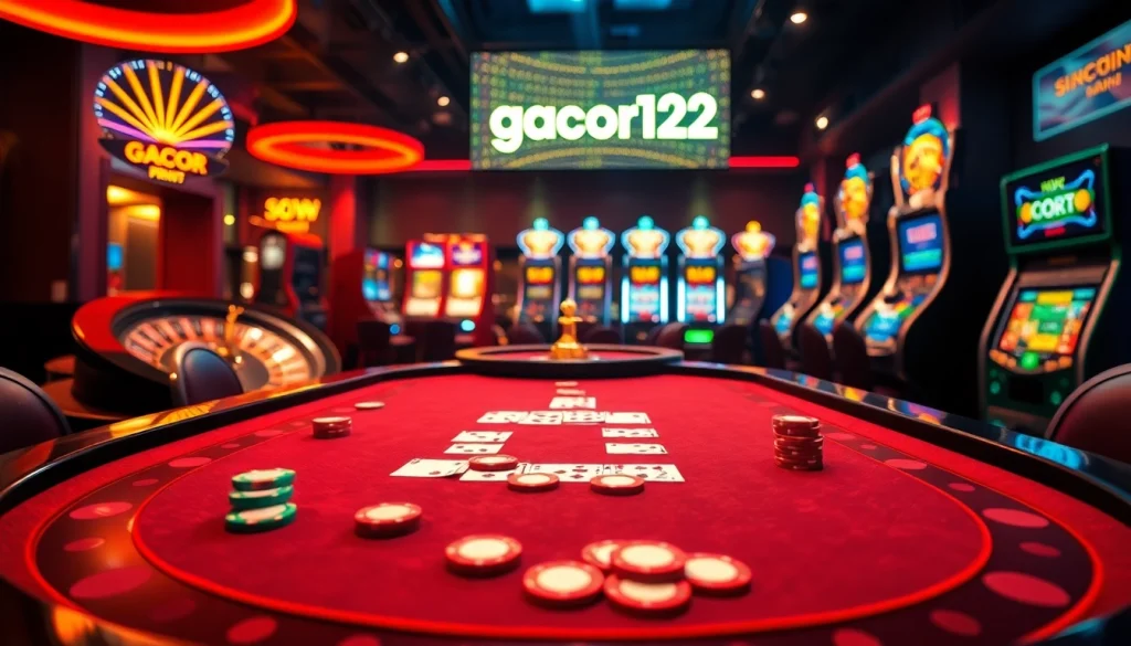 Experience the thrill of gacor123 with a vibrant poker table scene showcasing gambling excitement and luxury.